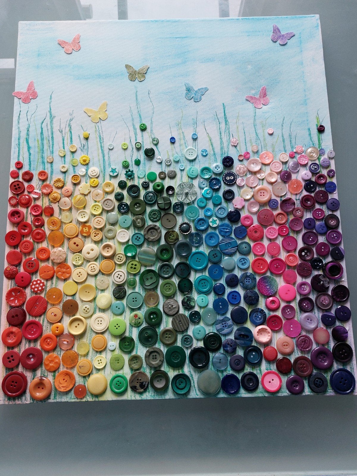 Uniek zelfgemaakt knopen schilderij - Regenboogveld, Minder dan 50 cm, Oorspronkelijke maker, Nieuw, Ophalen of Verzenden