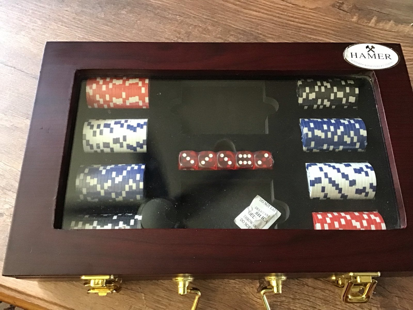 Hamer Poker Set in Houten Koffer met Chips en Dobbelstenen, Ophalen of Verzenden, Nieuw