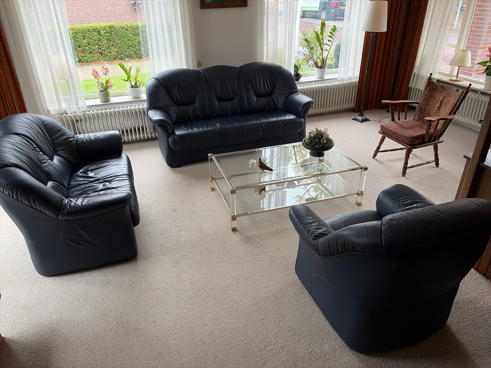 Leren 3-zitsbank 2-zitsbank en draaifauteuil- Donkerblauw, Ophalen, Gebruikt, 150 tot 200 cm, Driepersoons