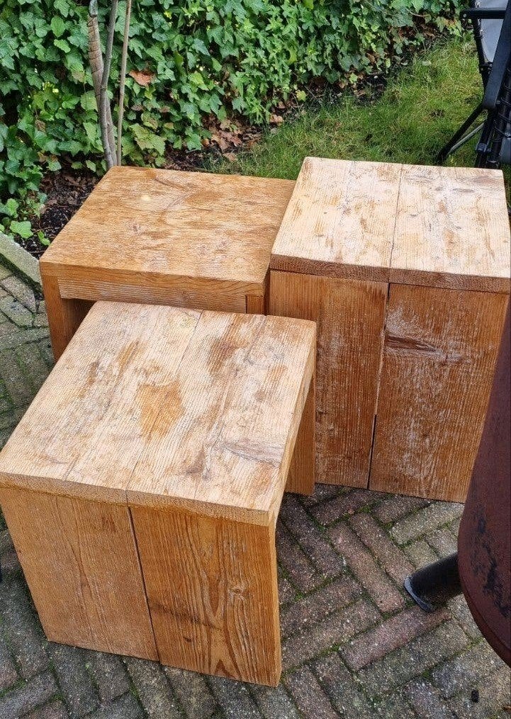 Set van 3 houten bijzettafels/krukjes, Ophalen, Gebruikt, Vierkant, Rustiek, Landelijk
