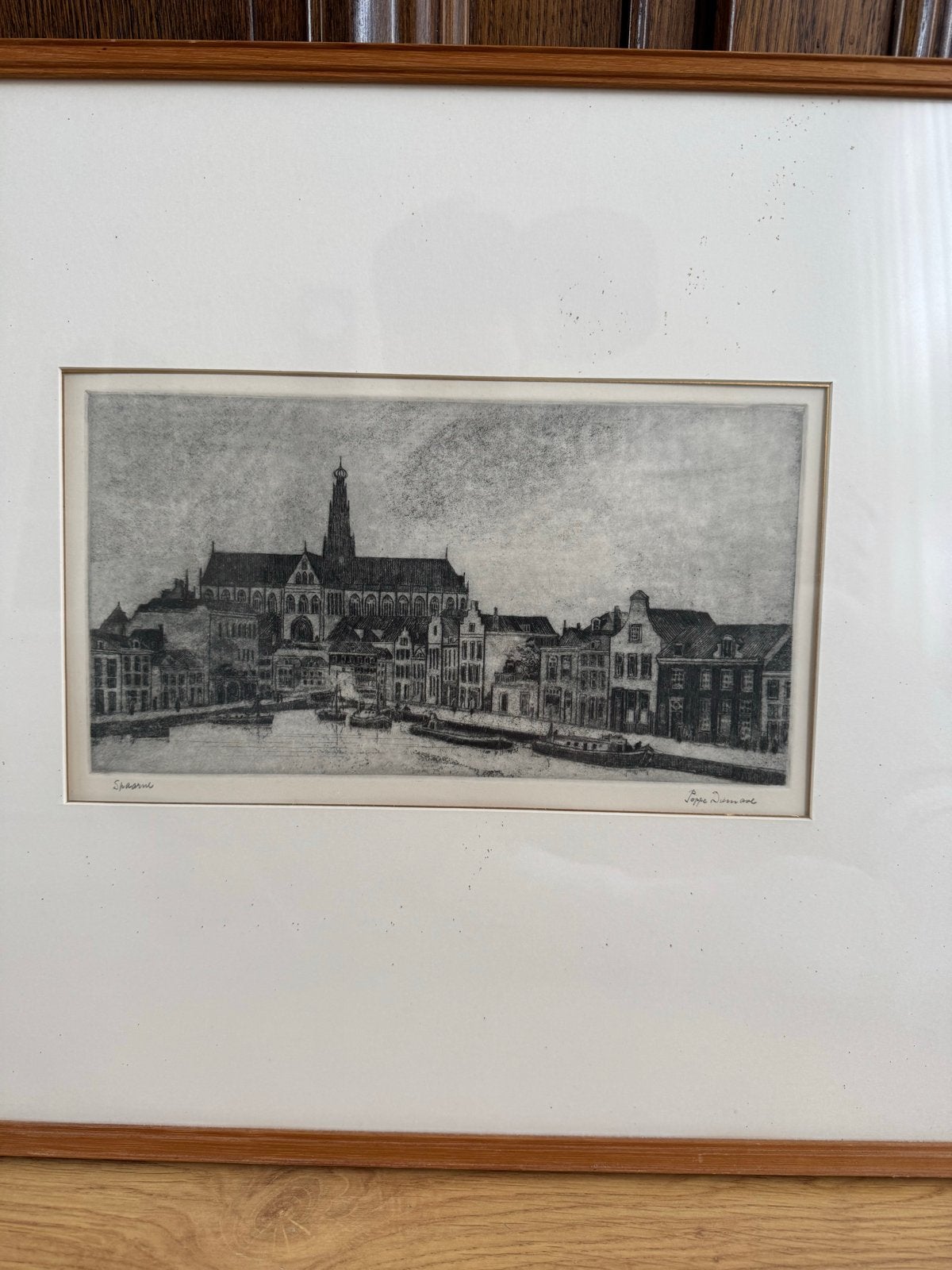 “Zicht op het Spaarne” - Poppe Damave, Antiek en Kunst, Ets, Stadsgezicht, Ophalen of Verzenden, Gesigneerd
