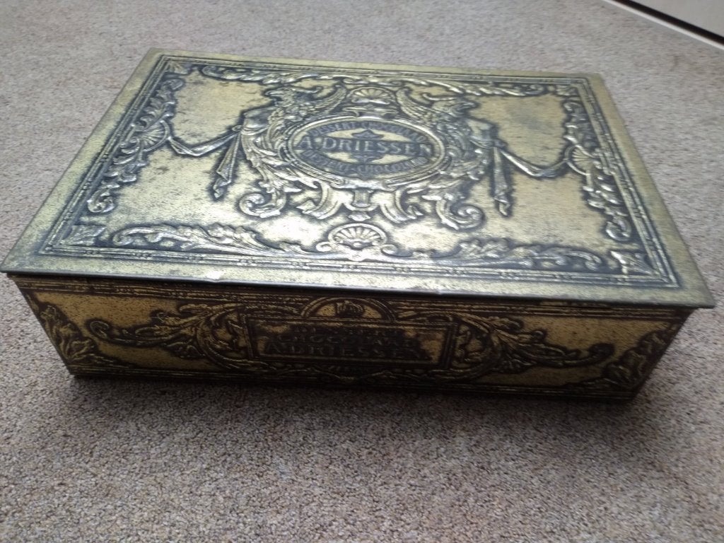 Uniek antiek blik, van Driessen chocolade, met losse deksel., Ophalen of Verzenden, Gebruikt, Overige