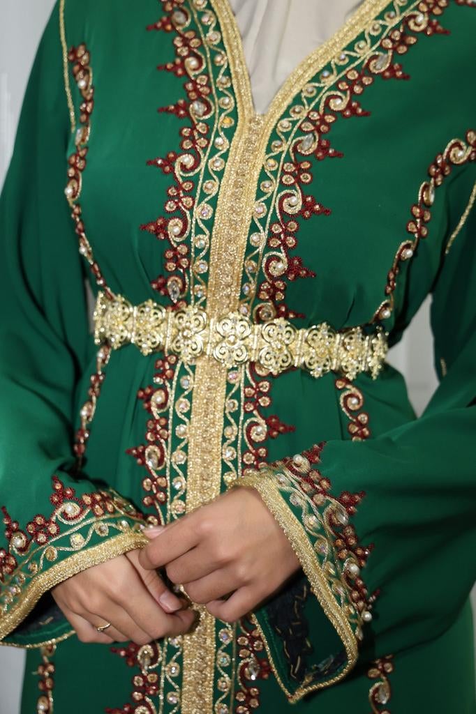 Marokkaanse kaftan groen met goud borduurwerk, Ophalen of Verzenden, Zo goed als nieuw, Groen, Onder de knie