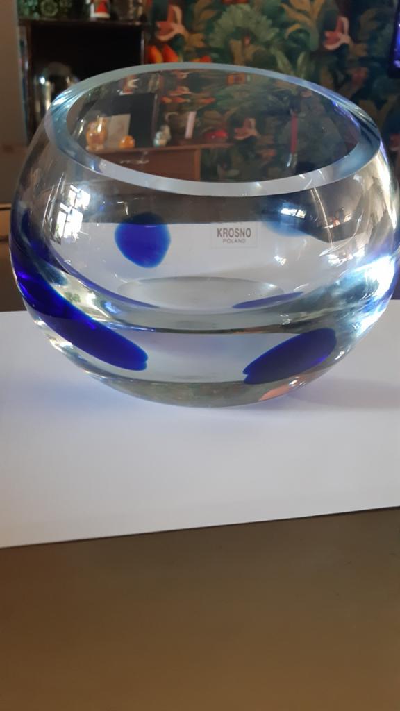 KROSNO POLAND MARAVILHOSOVASO blauwe vlekken in dik glas, Antiek en Kunst, Antiek | Glas en Kristal, Ophalen