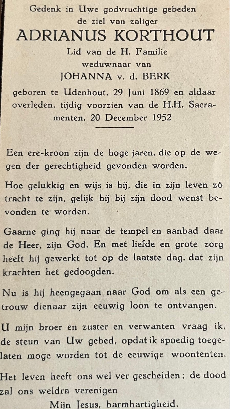 Adrianus Korthout udenhout 1869, Ophalen of Verzenden