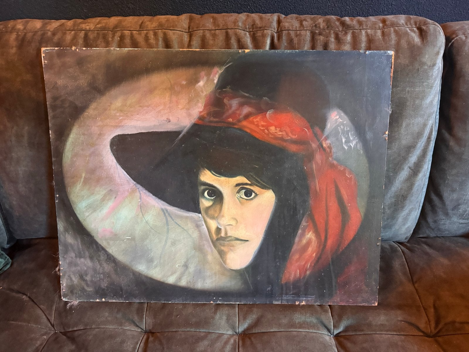Portret van een vrouw met hoed - Olieverf op doek, Doek, Portret of Personen, Ophalen of Verzenden, Handgeschilderd