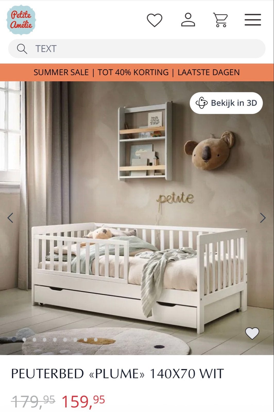 Peuterbed "PLUME" 140x70 Wit, Kinderen en Baby's, Kinderkamer | Bedden, Ophalen, 70 tot 85 cm, 140 tot 160 cm, Zo goed als nieuw