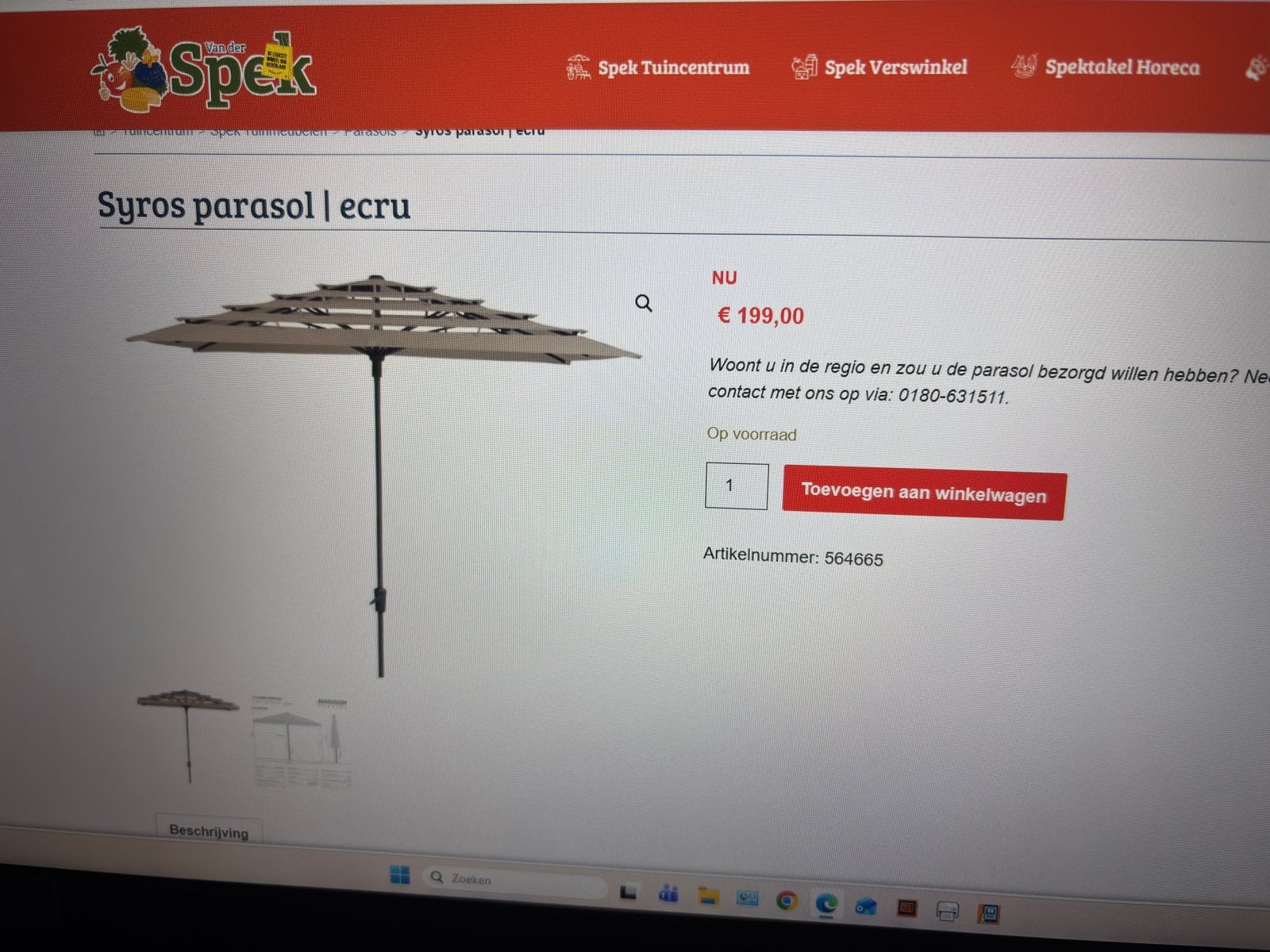 Parasol 350 cm met voet zgan., Ophalen, Zo goed als nieuw, 3 tot 4 meter, Stokparasol