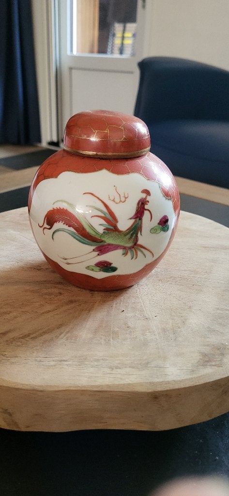 Antieke Chinese gemberpot met draak en feniks, 13 cm hoog, Ophalen of Verzenden