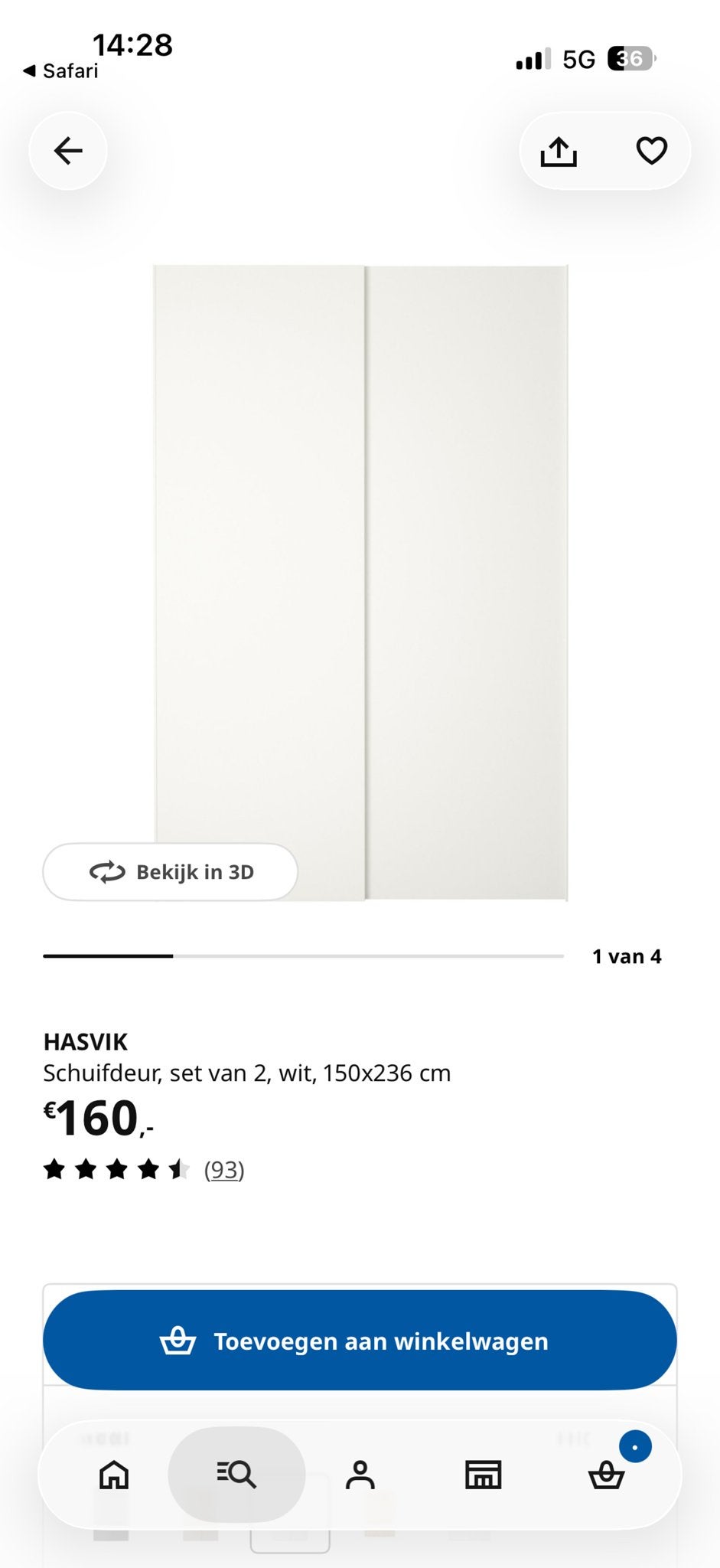 2X HASVIK Schuifdeur, set van 2, wit, 150x236 cm, Ophalen, Gebruikt, 100 tot 150 cm, 200 cm of meer