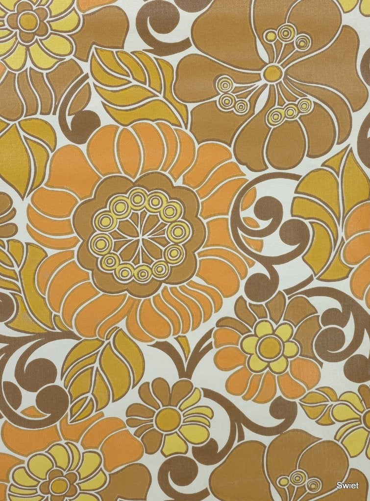 13970 groovy bloemen behang in oker en oranje swiet, Ophalen of Verzenden, Bruin