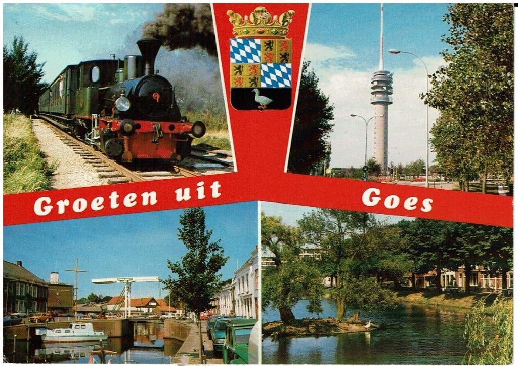Ansichtkaart Goes, 4-luik, stoomtrein, TV-mast, brug, Ophalen of Verzenden, 1960 tot 1980, Gelopen, Zeeland