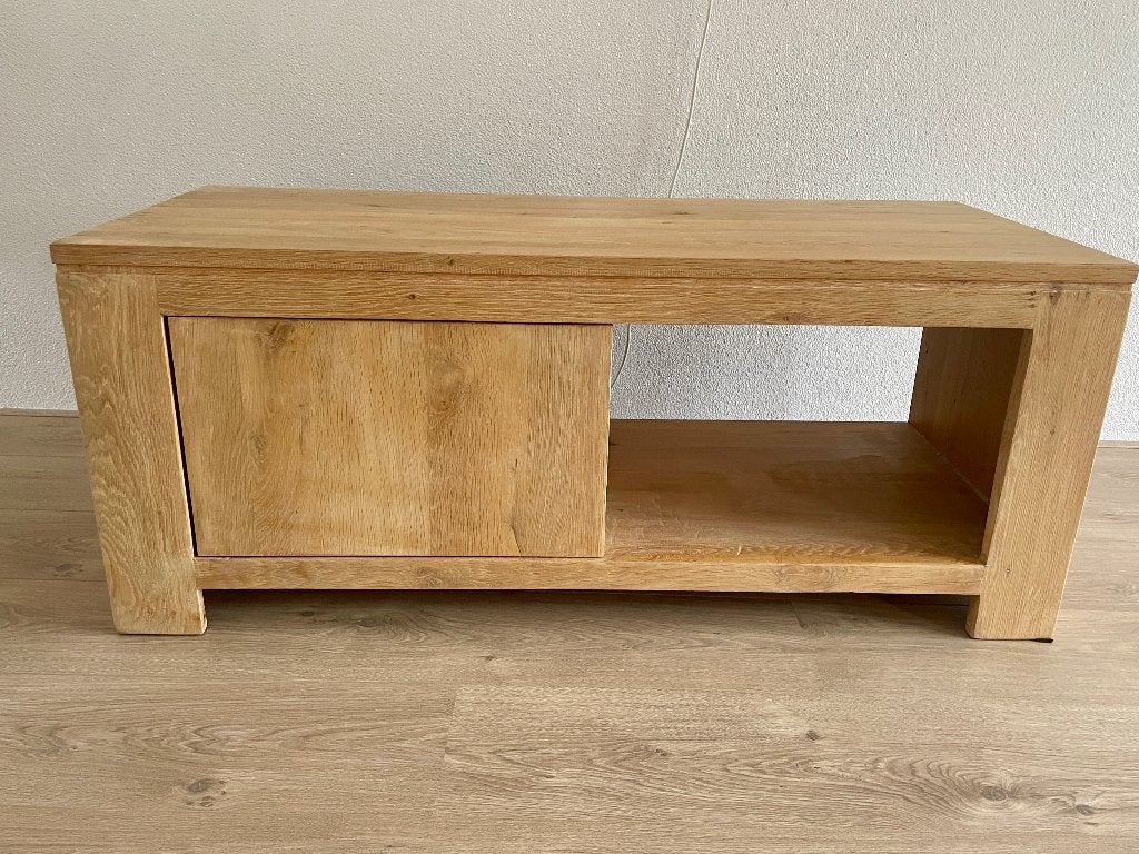 Blank eiken TV kast, Ophalen, 100 tot 150 cm, Eikenhout, Zo goed als nieuw