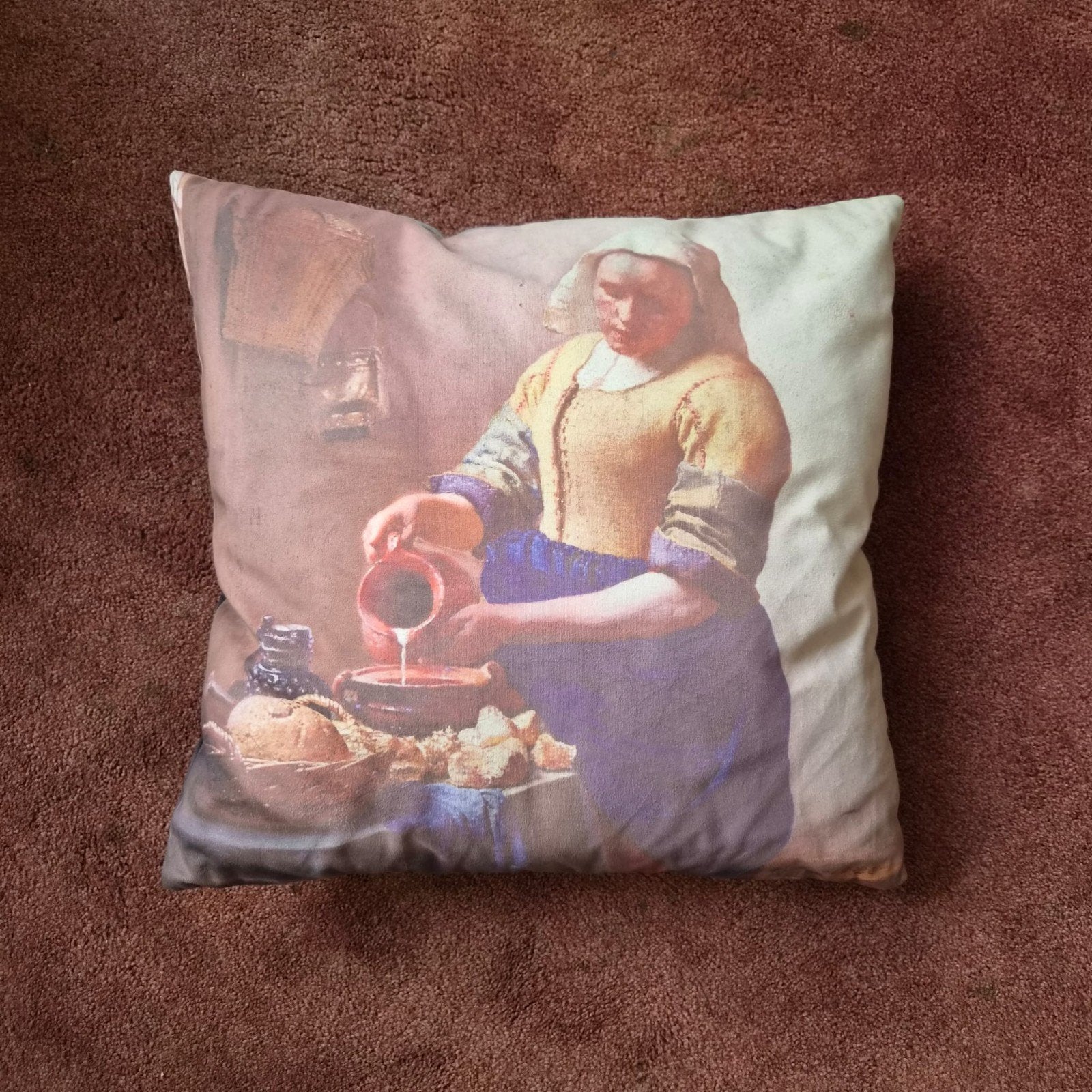 Sierkussen Het Melkmeisje - Lichte verkleuring, Gebruikt, Meerkleurig, Met print, Ophalen of Verzenden