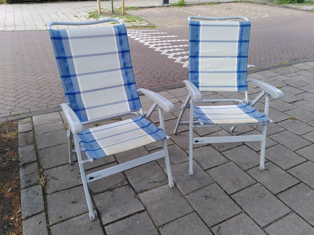 2x Inklapbare campingstoelen Dukdalf - blauw/wit gestreept, Ophalen, Gebruikt, Metaal, Verstelbaar