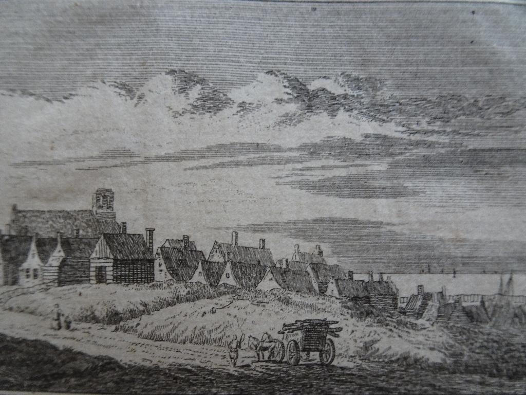 gravure duinlandschap met huizen Petten Rademaker 1727, Verzenden