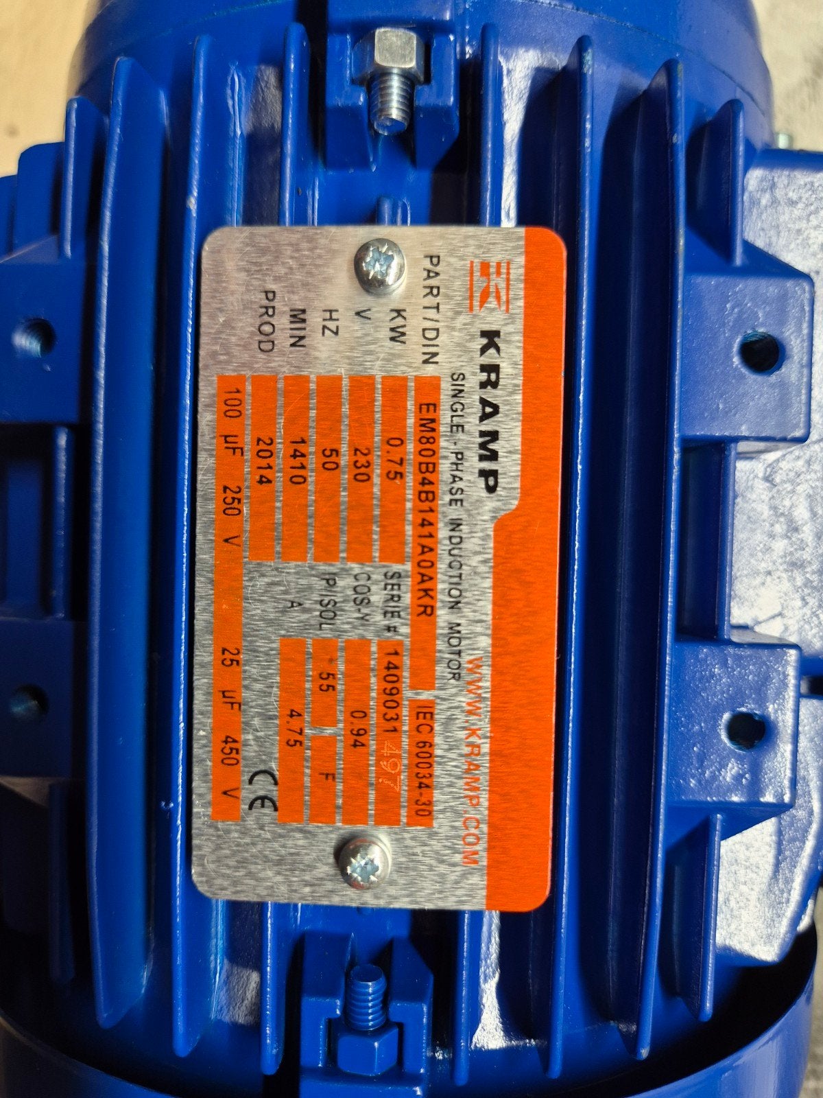 Kramp 1-fase elektromotor 230V - 0.75 kW, Doe-het-zelf en Verbouw, Ophalen of Verzenden
