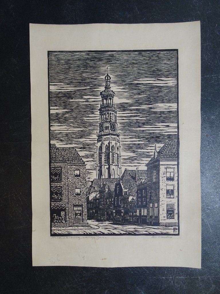 Oude houtsnede Kerk Lange Jan Middelburg, W. Paulus, Antiek en Kunst, 1950 - 1999, Architectuur, Ophalen of Verzenden, Houtsnede