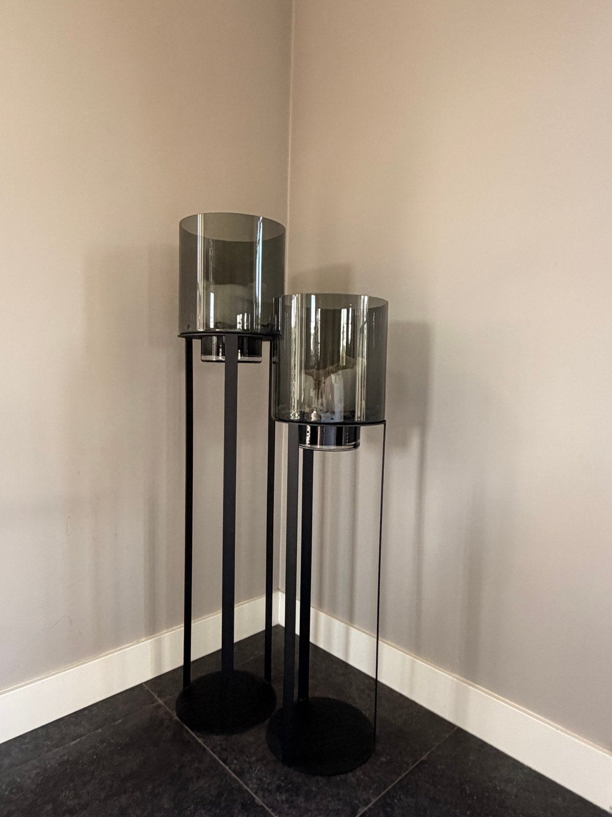 Windlicht Set Open Mat Zwart & Rookglas, Huis en Inrichting, Woonaccessoires | Kandelaars en Kaarsen, Ophalen, Windlicht, Overige merken
