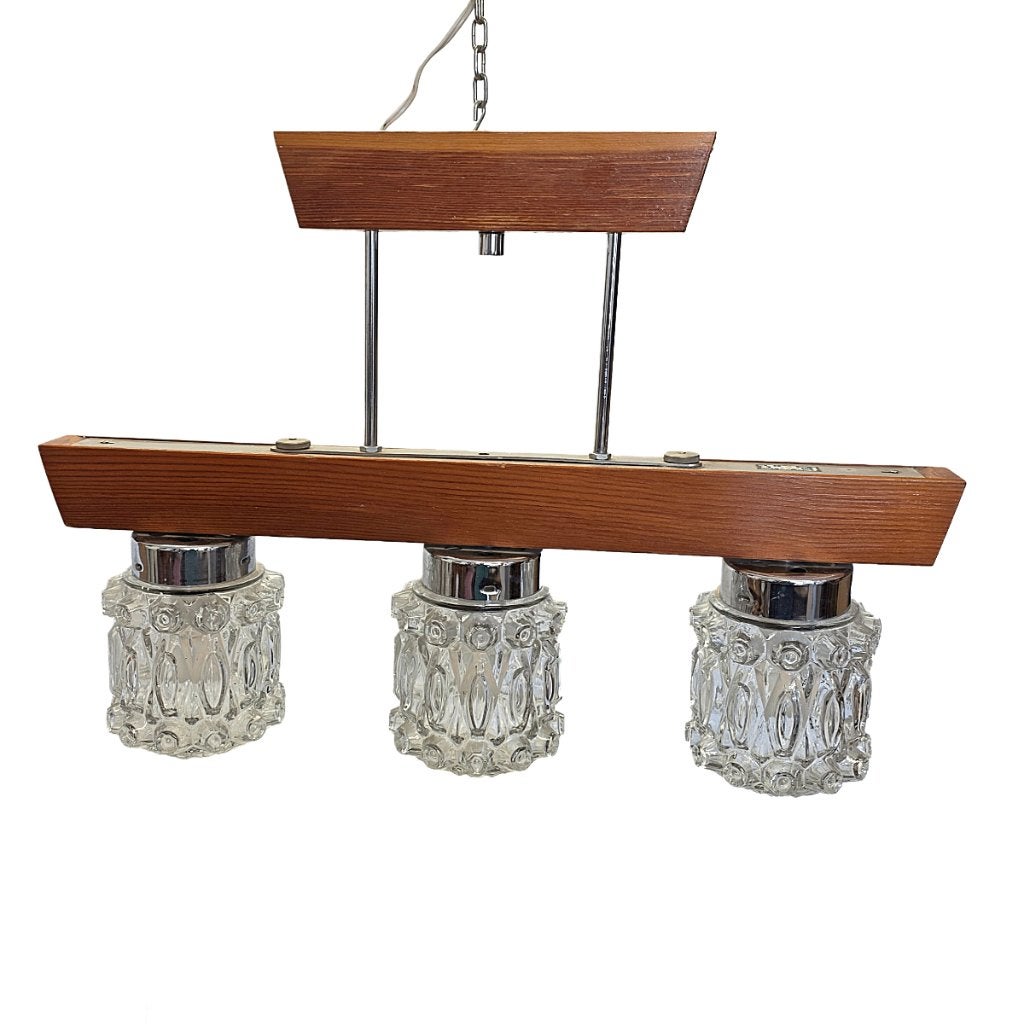 Mid-Century hanglamp met drie persglazen kappen, Ophalen of Verzenden, Gebruikt, Glas, Vintage