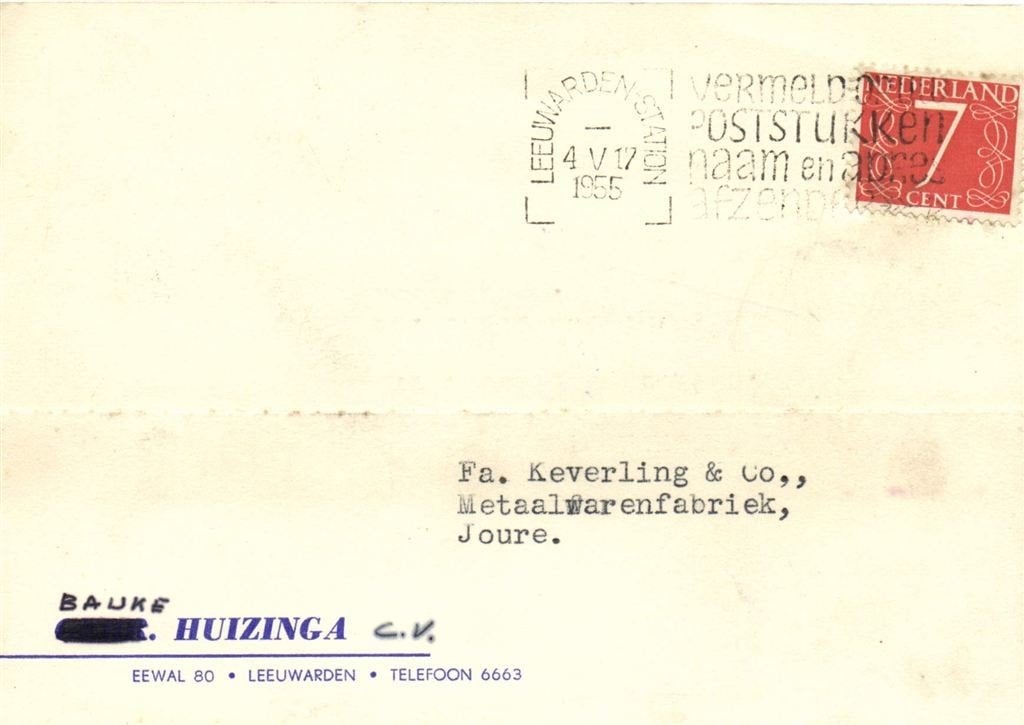 Bauke Huizinga CV, Leeuwarden - 05.1955 - briefkaart, Ophalen of Verzenden, Briefkaart