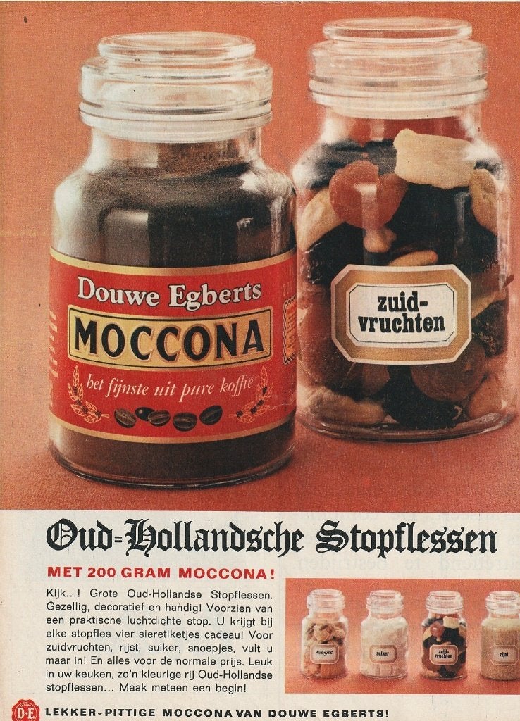 retro reclame 1966 Douwe Egberts Moccano stopfles pot, Verzenden, Overige typen