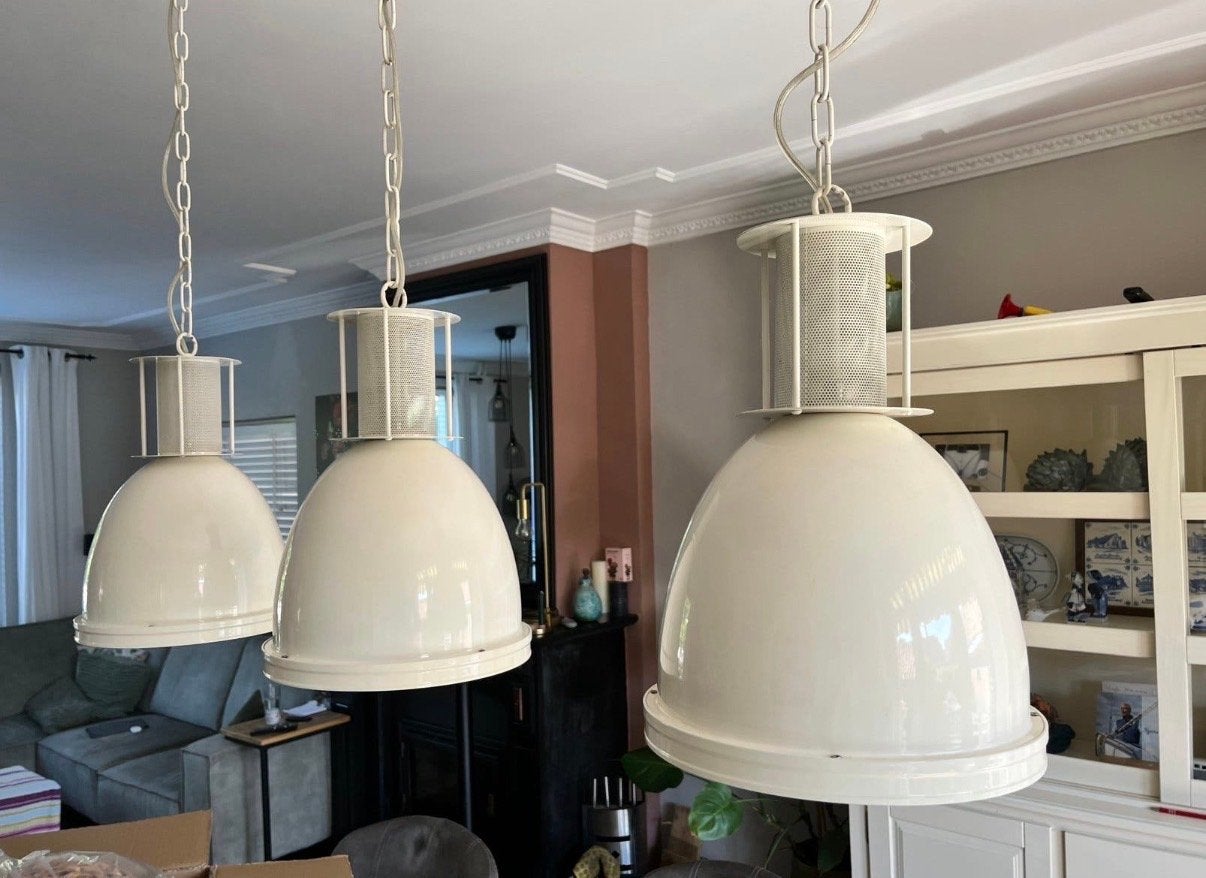 Set van 3 witte Karwei Charlie hanglampen, Ophalen, Gebruikt, Metaal