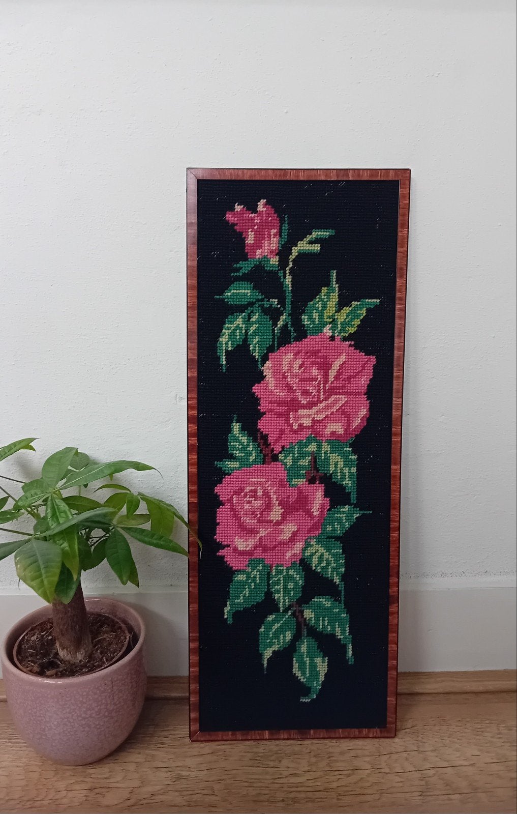 Vintage geborduurde rozen in lijst, Ophalen of Verzenden