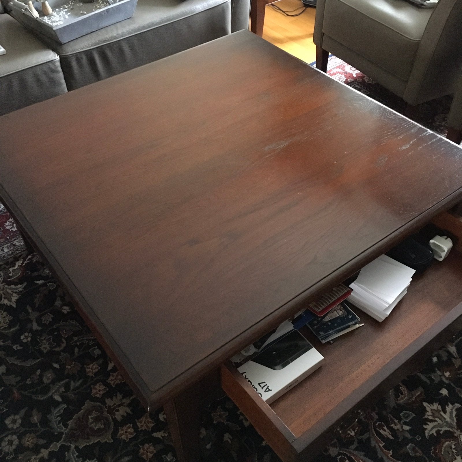 Salontafel met 2 lades en uitschuifbare planken, Ophalen, Gebruikt, 100 tot 150 cm, Vierkant