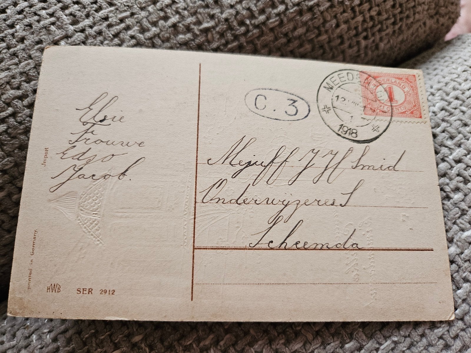 Scheemda onderwijzeres 1918 Hartelijk gefeliciteerd' 1918, Verzamelen, Ophalen of Verzenden