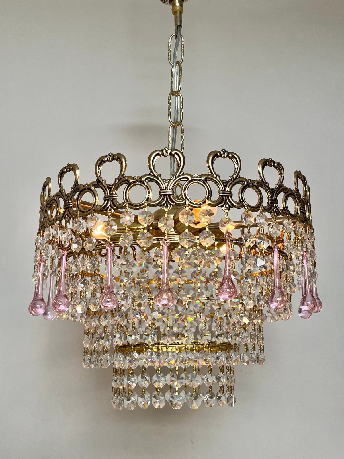 vintage roze Teardrop murano kroonluchter hanglamp kristal, Huis en Inrichting, Lampen | Kroonluchters, Ophalen of Verzenden, Baak