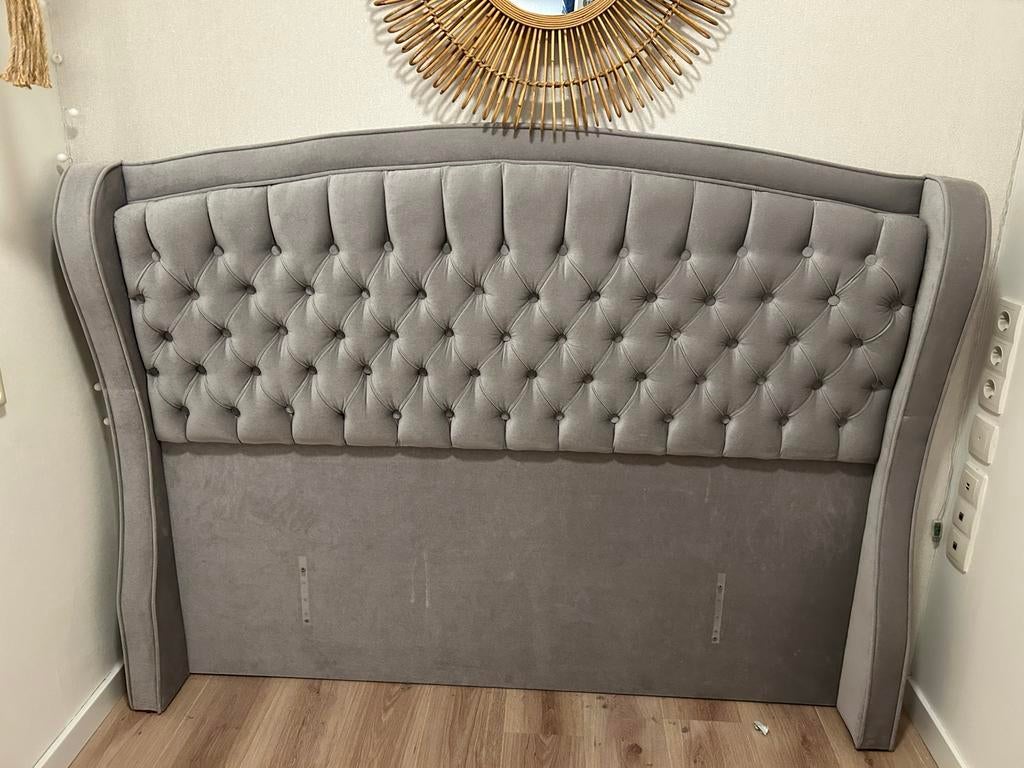 Luxe grijs velvet hoofdbord 160 cm breed, Ophalen, Tweepersoons, Zo goed als nieuw, Grijs
