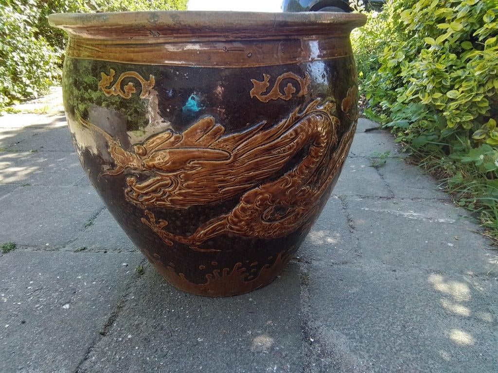 Chinese aardewerken pot met draken afbeelding, Ophalen, 40 cm of meer, Rond, Tuin