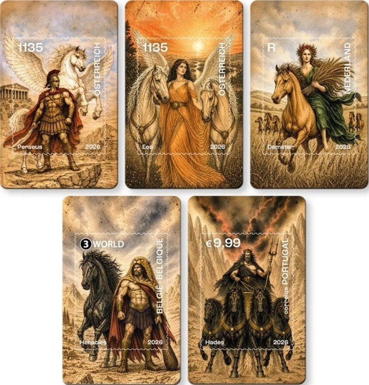 Complete set 5 Crypto stamp 2026 4 landen, mythische helden, Verzenden, Na 1940, Postfris