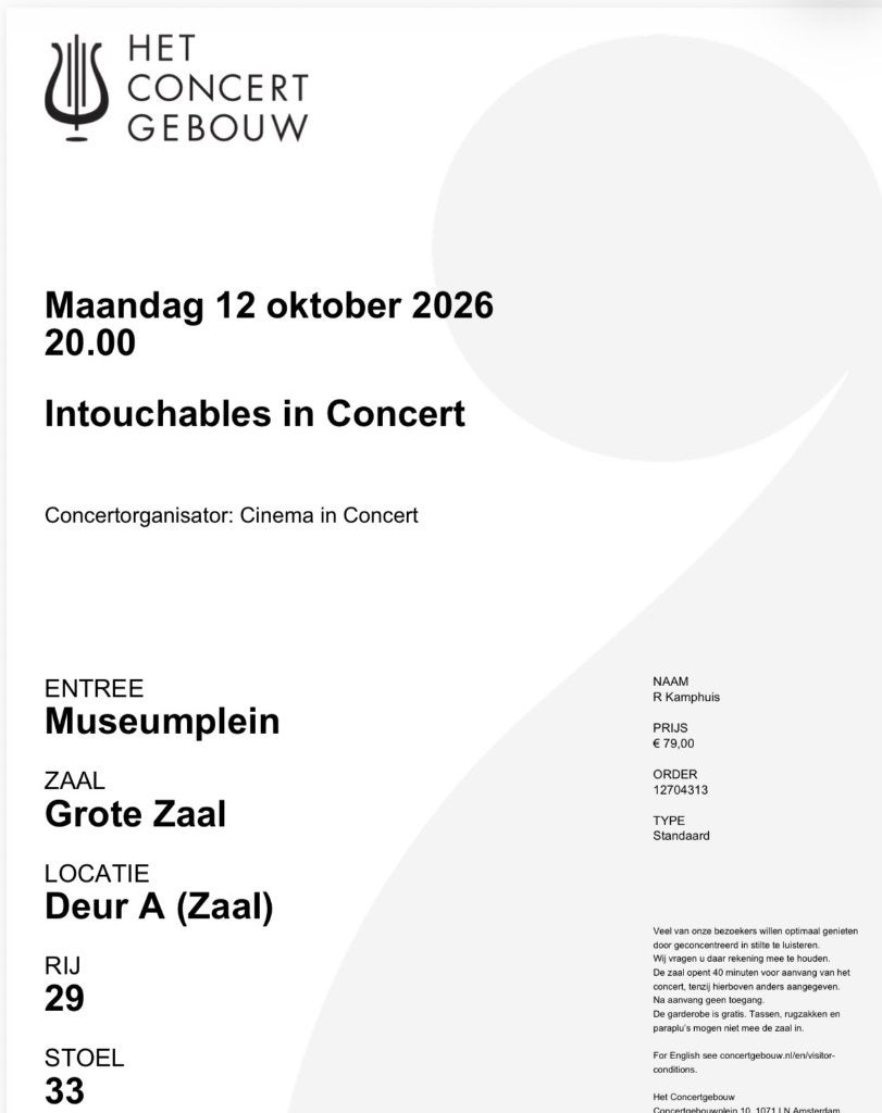 3 tickets Intouchables in Concert 12 oktober, Drie personen of meer, Oktober, Instrumentaal