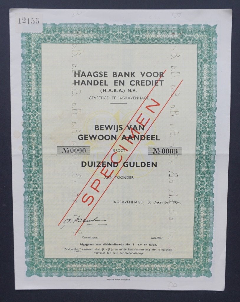 Haagse Bank voor Handel en Credit (H.A.B.A.) - 1954, Verzenden, 1950 tot 1970, Aandeel