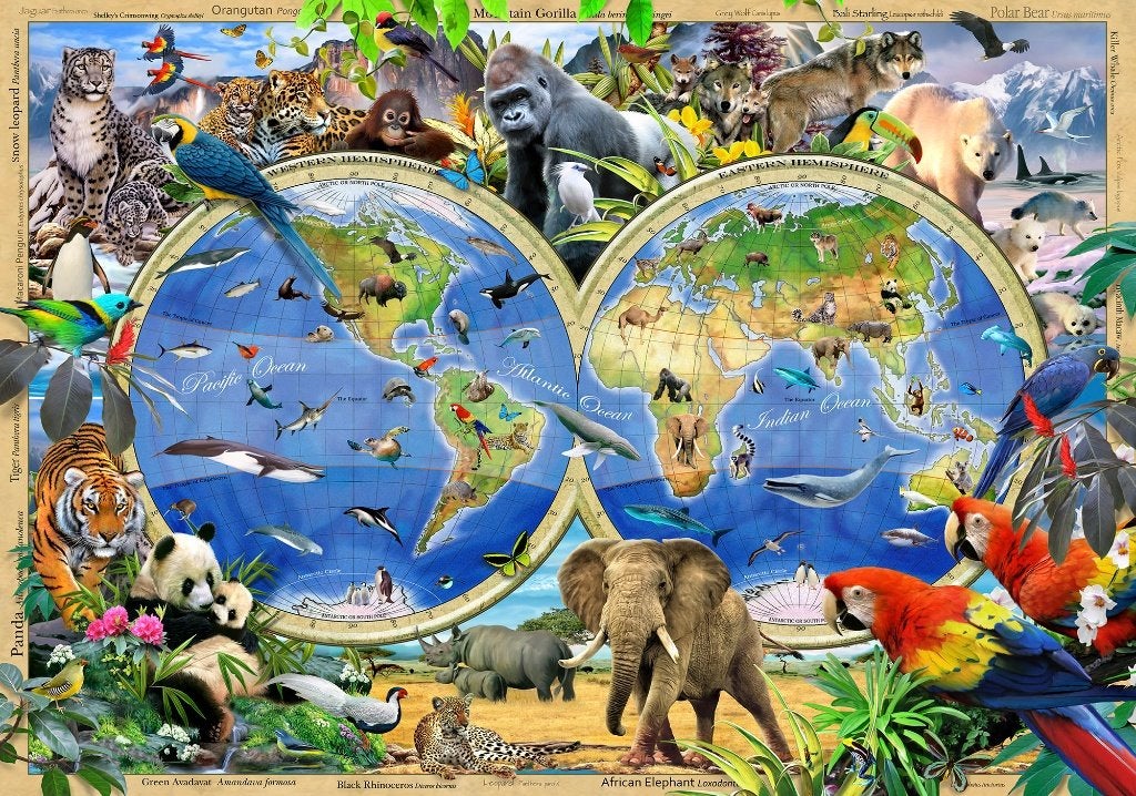Wereldkaart vlies behang dieren VOORRAAD KORTING 254x184 cm, Verzenden, Fotobehang