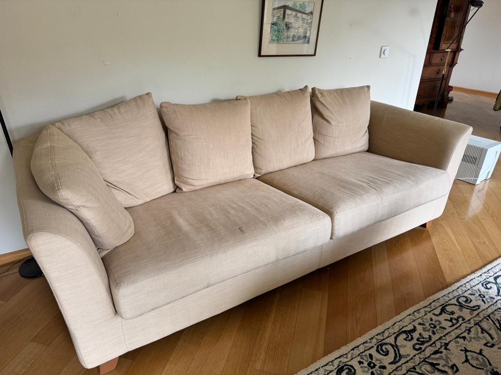 Grote 3-zits Bank – Beige Stof, 210 cm – Goede staat, Ophalen, Gebruikt, Driepersoons, 75 tot 100 cm