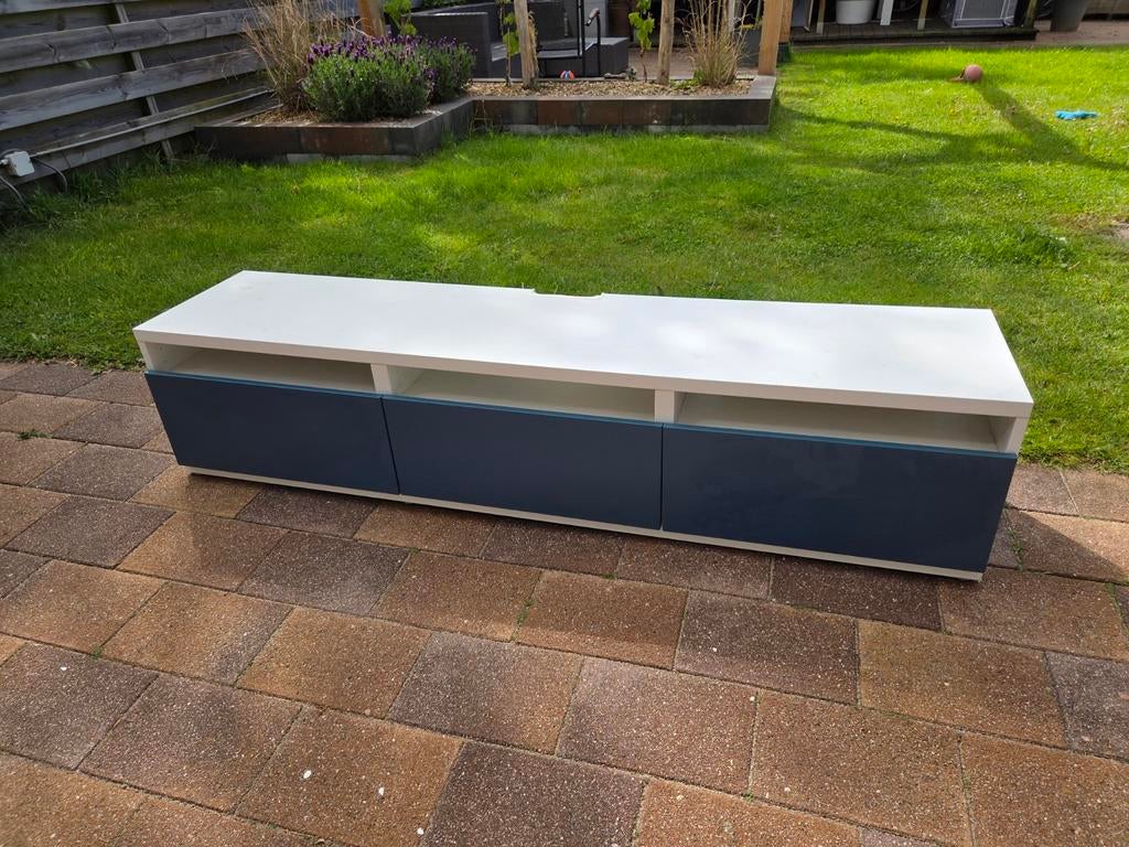 TV meubel met lades - wit/blauw, Huis en Inrichting, Kasten | Televisiemeubels, Ophalen, Overige materialen, Gebruikt, 150 tot 200 cm