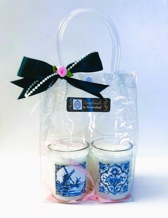 Giftset cadeau kaarsen in glazen delfts blauw molen bloemen, Overige materialen, Verzenden, Wit, Nieuw