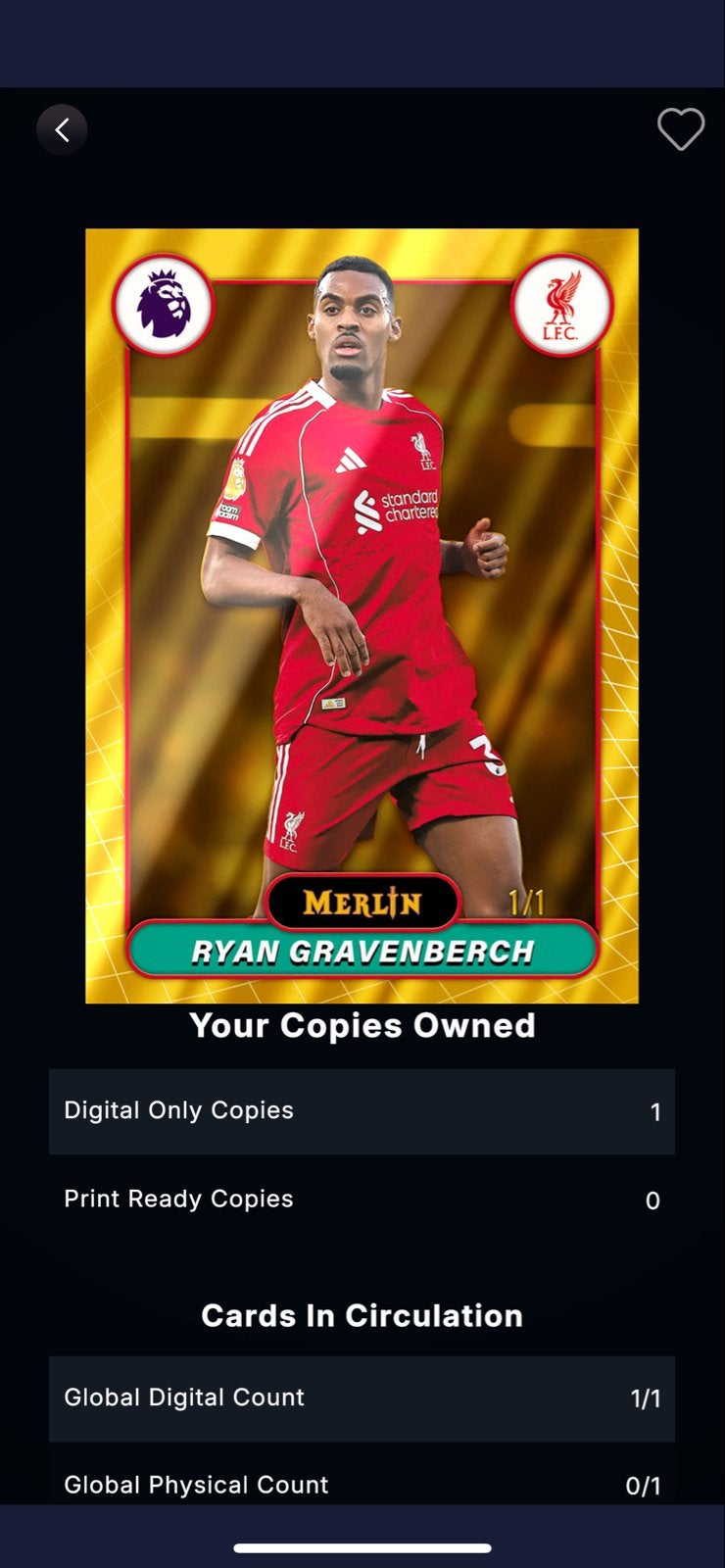 Ryan Gravenberch Merlin 1/1 Spelerskaart Liverpool FC, Ophalen, Nieuw, Buitenlandse clubs, Spelerskaart