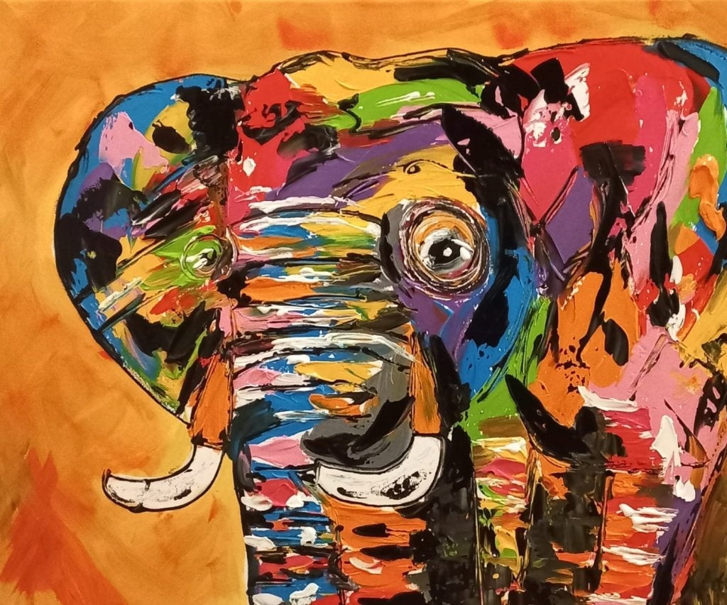 Schilderij kleurrijke olifant, Nieuw, Ophalen of Verzenden, Schilderij, 5 – 50