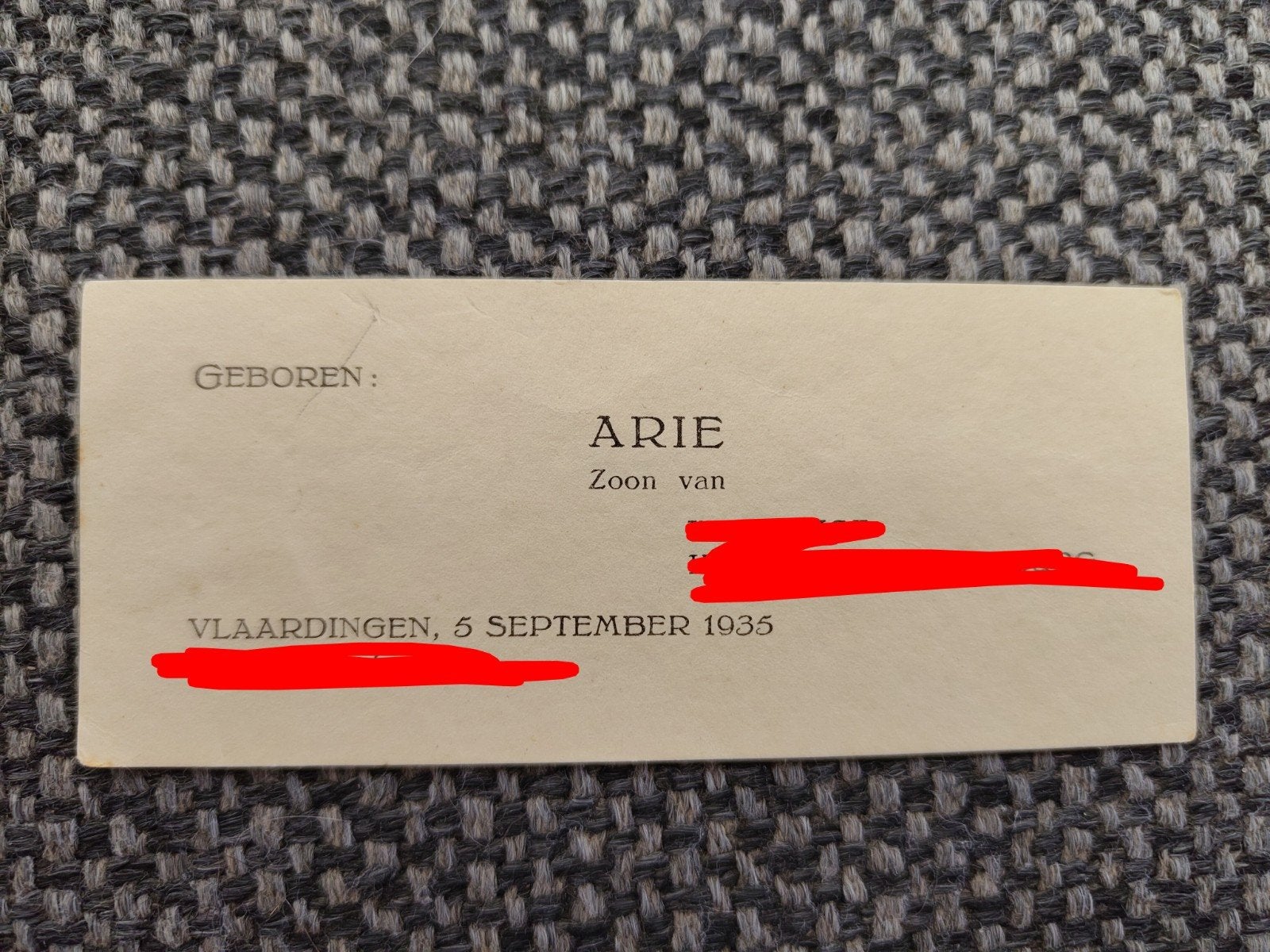 1935: Arie te Vlaardingen, Verzamelen, Geboortekaartjes en Visitekaartjes, Ophalen of Verzenden, Voor 1970, Geboortekaartje