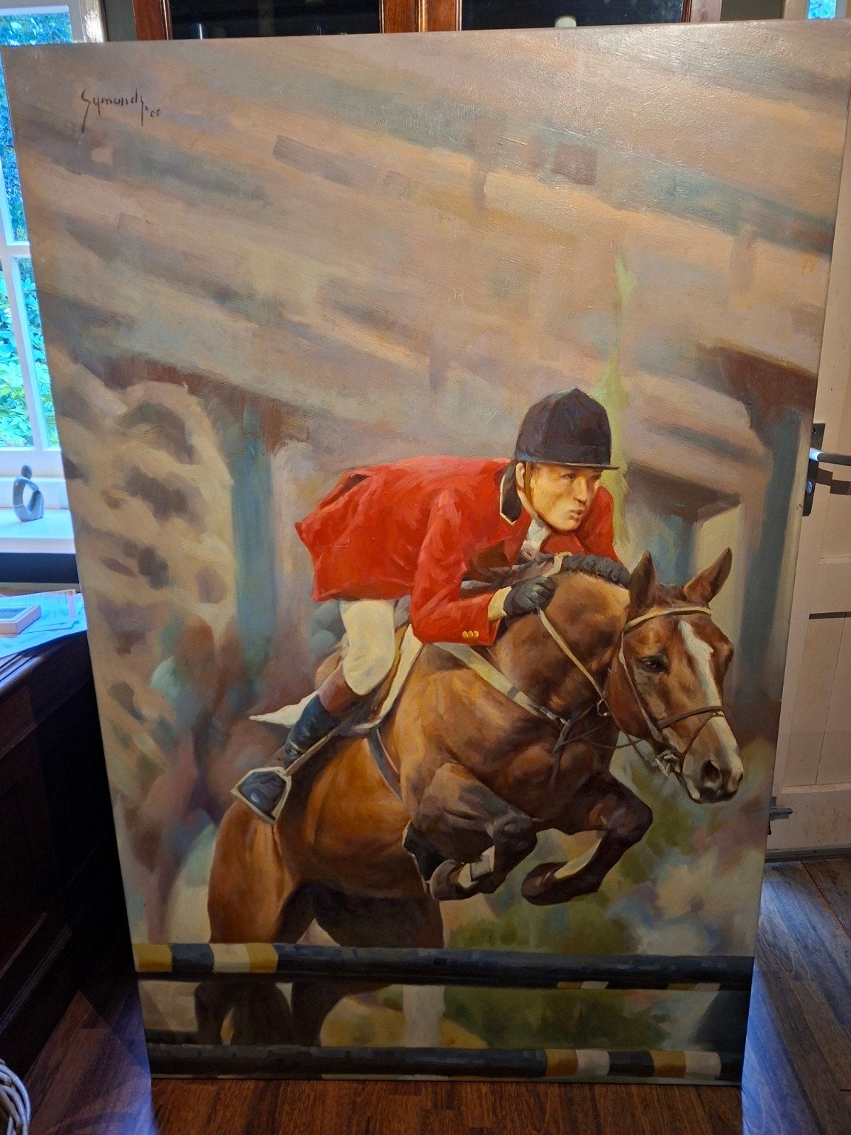 Groot olieverfschilderij van paard en ruiter, gesigneerd, Ophalen