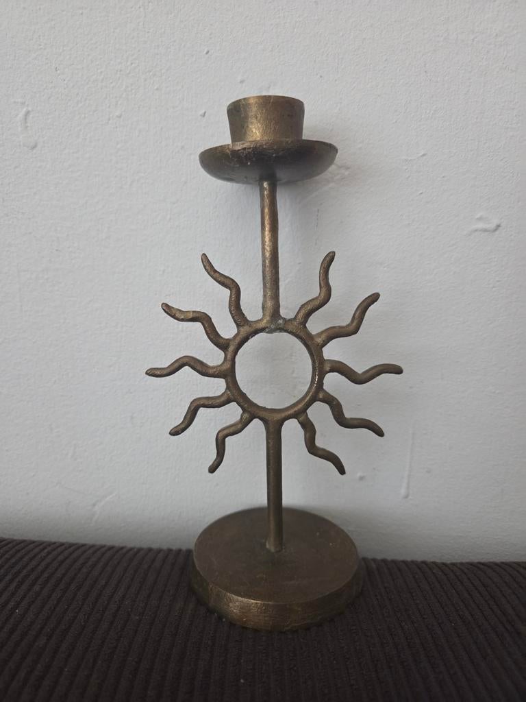 Vintage Koperen Kandelaar met Zon Design, Ophalen of Verzenden, Koper of Brons