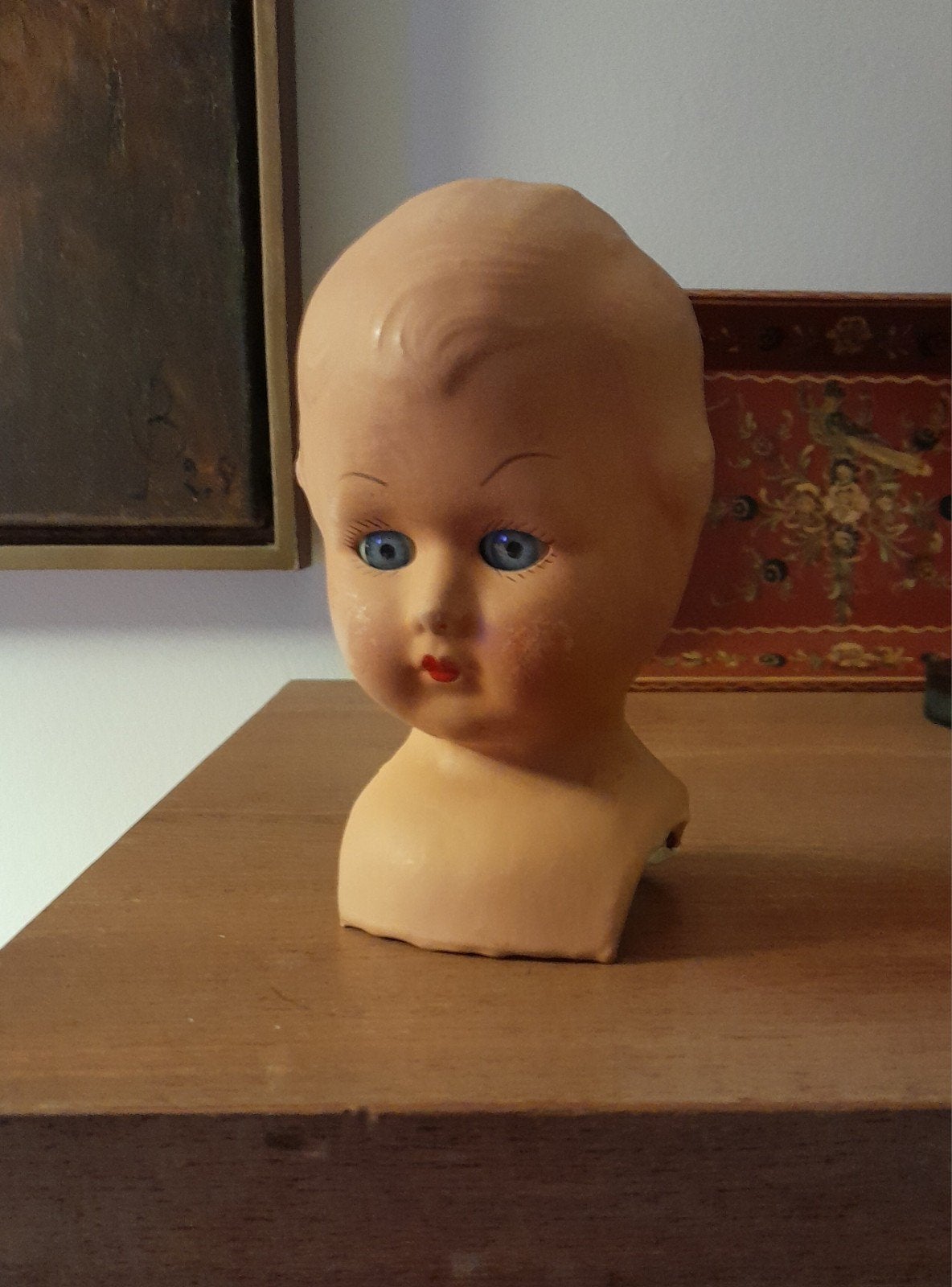 Oud poppenhoofdje Vintage papiermachee, slaapogen, 15 cm, Verzenden, Gebruikt, Overige typen