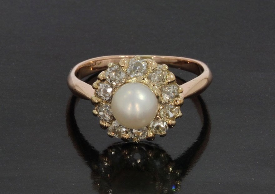 Grote diamanten parel fraai antieke ring 14k goud briljant