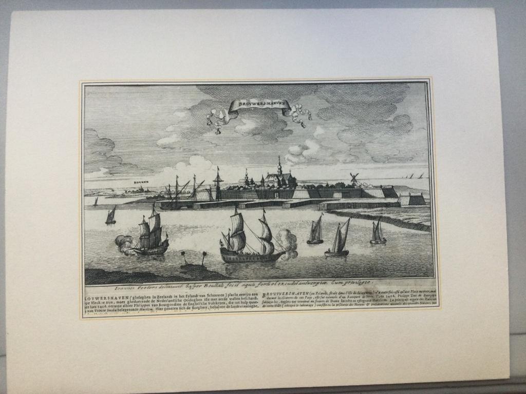 Brouwershaven, zee aanzicht, 1674, Antiek en Kunst, 26 cm, 34 cm, Stadsgezicht, 1600 - 1699