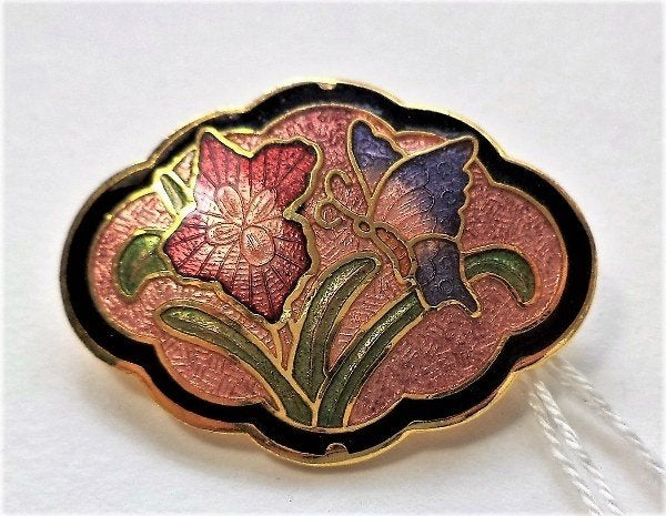 Mooie cloisonne broche met rode bloem en blauwe vlinder 3145, Ophalen, Nieuw, Overige kleuren, Overige materialen