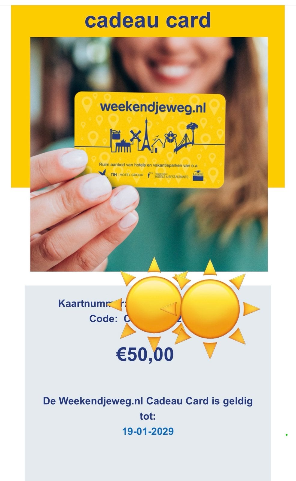 Weekendjeweg Cadeau Card, Tickets en Kaartjes, Eén persoon, Cadeaubon